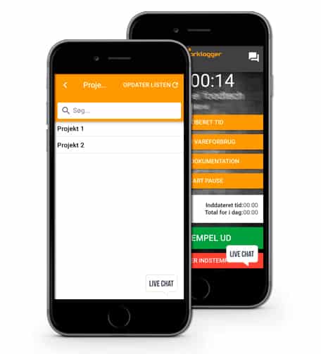 Billeder af Worklogger apppen der kører på mobiler