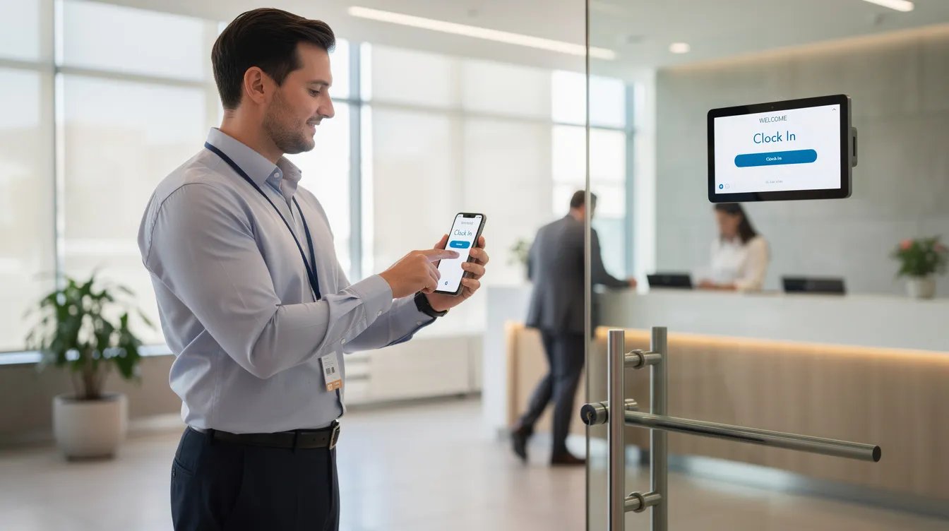 En medarbejder bruger en mobil app til at registrere sin arbejdstid ved ankomst på arbejdspladsen. Dette digitale tidsregistreringssystem sikrer, at medarbejdernes arbejdstid bliver korrekt registreret og overholder de gældende regler for maksimal ugentlig arbejdstid.